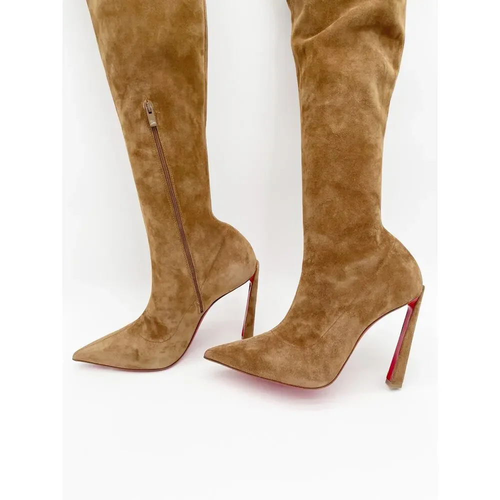 Christian Louboutin Condora Botta Alta Camel Tan Suede Thigh High Boots EU 39.5